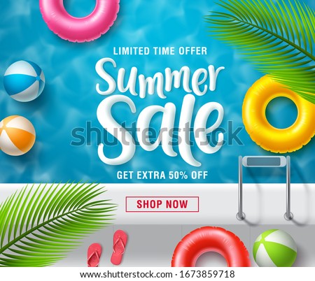 Summer sale vector banner design. Summer sale promotional discount text with colorful summer floating elements and palm leaves in swimming pool background. Vector illustration. 