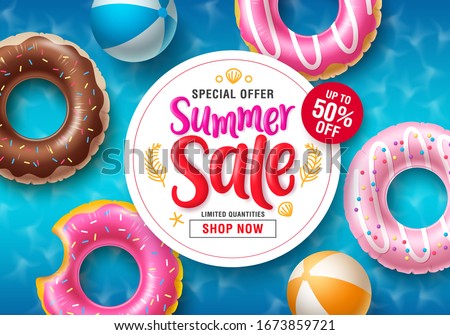 Summer sale vector banner design. Summer sale discount typography in white circle space for text with beach floaters in donuts design and beach ball elements in swimming pool background. Vector