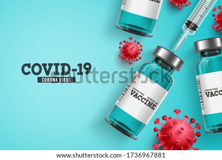 Coronavirus vaccine vector background. Covid-19 corona virus vaccination with vaccine bottle and syringe injection tool for covid19 immunization treatment. Vector illustration.
