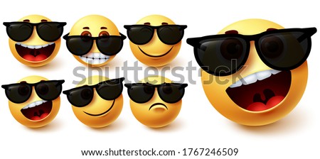 Emoji in sunglasses vector set. Emoji character wearing glasses with different facial expression like cute, naughty, crazy and cool for social media summer character design. Vector illustration.