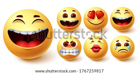 Emoji yellow vector set. Emoji emoticon yellow cute faces in happy, cute, in love, laughing, crying and angry facial emotion for emoji icon collection design. Vector illustration.
