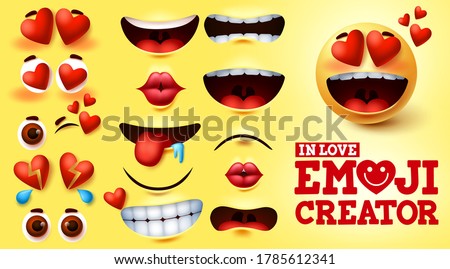 Emoji in love vector creator set. Emojis kit with hearts and in love face with editable facial expression for emoticon design and symbol element. Vector illustration
