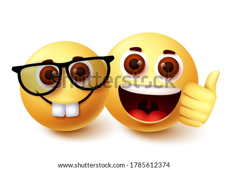 Emoji of nerd friend vector character design.  Clever weird emoji with presence of friend with happy facial expressions and thumbs up hand gesture. Vector illustration.
