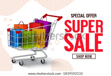 Super sale vector banner design. Special offer sale text with paper bags and push cart shopping elements in abstract background for marketing promo discount advertisement. Vector illustration.