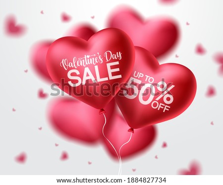 Valentines day sale heart balloon vector banner design. Happy valentines day sale promotion text with red heart balloon elements in blurred background. Vector illustration.
