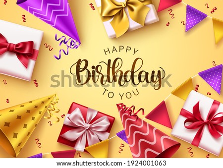 Happy birthday text vector background design. Birthday typography in yellow background with colorful party elements and gifts for greeting card decoration. Vector illustration