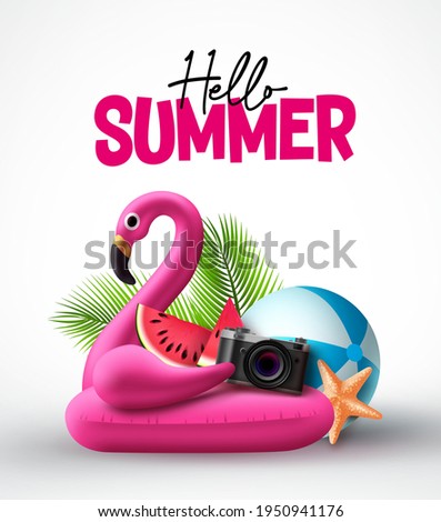 Hello summer vector concept design. Flamingo pink floater and summer beach elements in white background for holiday vacation. Vector illustration.