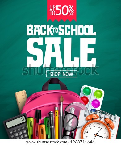 Back to school sale vector banner design. Back to school promotion text  with 50% off educational supplies for advertisement design. Vector illustration 