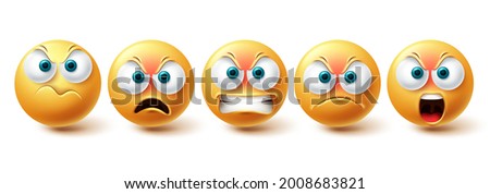 Emoji angry vector set. Emojis sad and serious yellow faces collection isolated in white background for upset emoticon graphic elements . Vector illustration

