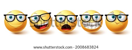 Emoji face vector set. Yellow nerd face with funny, happy and naughty facial expressions in yellow color emoji isolated in white background. Vector illustration