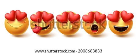 Emoji in love face vector set. Emojis yellow emoji in happy, blushing, kissing and in love facial expressions isolated in white background for design elements. Vector illustration
