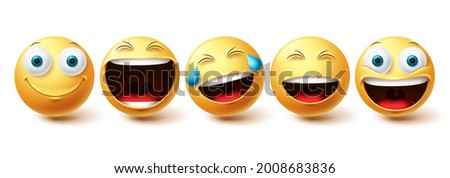 Emoji happy face vector set. Emojis faces and emoticon happy, cool, funny and cheerful facial expressions isolated in white background. Vector illustration
