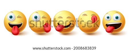 Emoji naughty icon vector set. Emojis face and emoji with happy, licking and hungry facial expressions isolated in white background. Vector illustration
