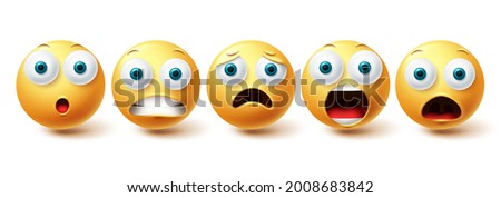 Emoji shocked face vector set. Emojis and emoticon shock, scared and sad collection isolated in white background for graphic elements design. Vector illustration
