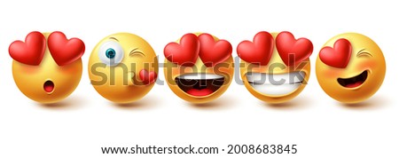 Emoji in love face vector set. Emojis collection in kissing, in love and happy facial expressions isolated in white background for emoticon design elements. Vector illustration
