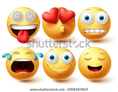Emoji vector set. Emojis emoticon happy, in love and crying faces icon collection isolated in white background. Vector illustration
