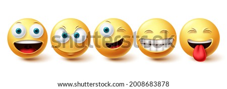 Emoji happy vector set. Emojis face yellow emoticon with funny, winking and naughty facial expressions isolated in white background for design elements. Vector illustration
