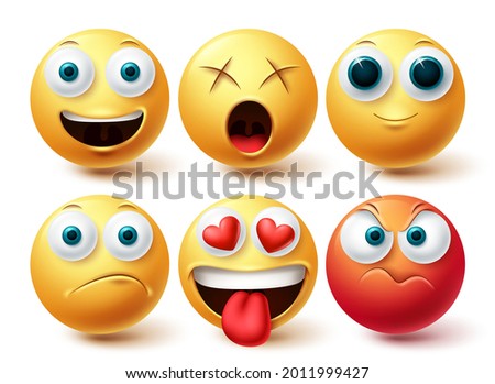 Emoji vector set. Emojis emoticon happy, angry, in love and dizzy icon collection isolated in white background for graphic design elements. Vector illustration
