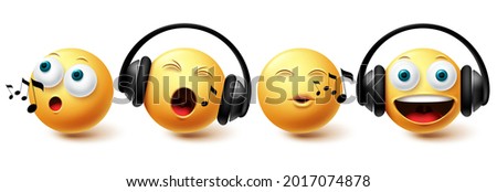 Emoji music emoji vector set. Emojis emoticon with headphones singing and listening icon collection isolated in white background for graphic design elements. Vector illustration
