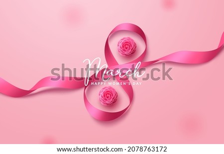 March 8 vector background design. Women's day greeting text with march 8 in pink ribbon and camellia flower elements for international women's celebration. Vector illustration.
 Foto d'archivio © 