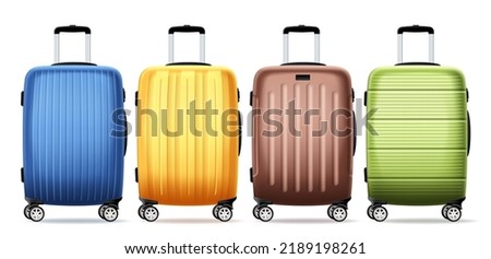 Travel bag luggage vector set design. Travelers 3d baggage collection for vacation trip elements in white isolated background. Vector Illustration.