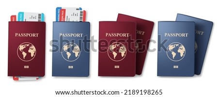 Travel passport vector set design. Plane ticket and passport collection for holiday vacation travelling elements. Vector Illustration.