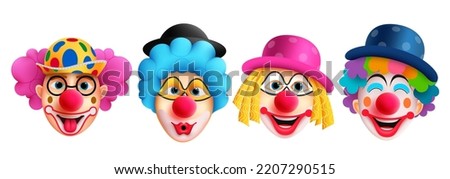 Clown characters set vector design. Birthday buffoon and joker character with funny and happy facial expression wearing colorful costume for kids party celebration. Vector Illustration.