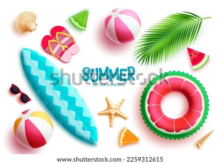 Summer vector element set. Summer beach elements floater, surfboard, beach ball, flipflop and sunglasses isolated. Vector illustration summer collection.