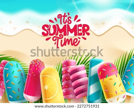 Sumer time greeting vector background. It's summer time text with popsicle lollipop refreshment elements. Vector illustration summer holiday season greeting.
