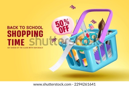 Back to school sale vector design. Back to school text with 50% discount offer and educational supplies in shopping basket elements. Vector illustration shopping advertisement in yellow background.