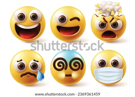 Emoji characters face vector set. Emojis emoticon icon character in smiling, happy face, winking, exploding angry, crying tears, dizzy and sick with face mask graphic elements. Vector illustration 
