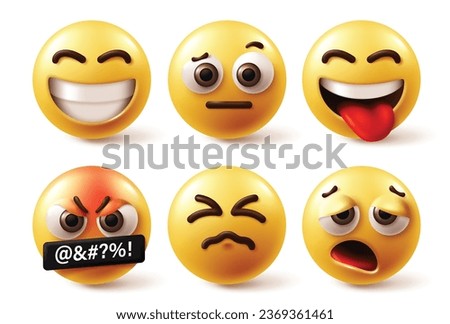 Emojis emoticon vector set. Emoticons emoji character yellow icon collection in happy, smile, confused, naughty, mad, angry and sleepy facial expression in white background. Vector illustration 3d 