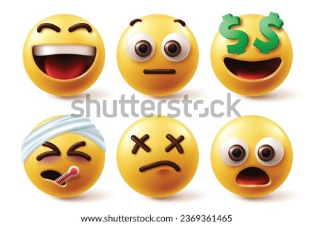 Emojis characters vector set. Emoji emoticons character in happy, funny, injured, shock and sick yellow icon elements. Vector illustration emojis design collection.