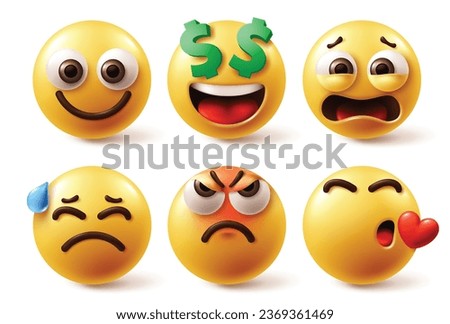 Emoji face characters vector set. Emojis emoticon character yellow emoticon in happy, smiling, money dollar, disappointed, sad and enraged facial expression in white background. Vector illustration 