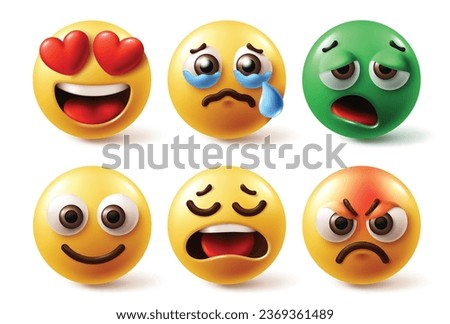 Emoji characters face vector set. Emojis emoticon facial expression in love, crying, nausea, sick, happy and disappointed icon faces in white background. Vector illustration emojis graphic elements 