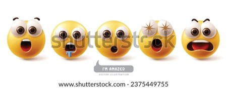 Emoji amazed emoticon characters vector set. Emojis emoticons characters in surprise, wow, shocked, hungry, fascinating and excited facial expression graphic elements. Vector illustration emojis amaze