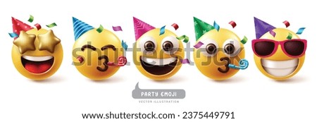 Emojis party birthday emoticon characters vector set. Emoji emoticon birthday clown, mascot, costume, happy, smiling and wearing hat character collection. Vector illustration emojis birthday party 