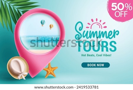 Summer tours website vector banner. Summer tours with travel location icon pin in tropical beach place for website banner background. Vector illustration travel and tours website promotion design.  
