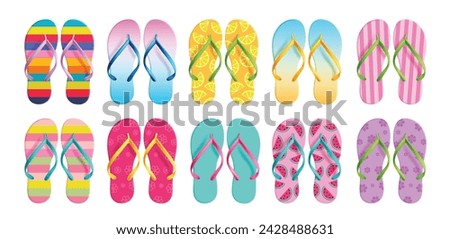 Summer flipflop elements vector set design. Summer thong, slippers, sandal and flip flops with colorful, floral and stripe design for travel fashion foot ware collection. Vector illustration summer 