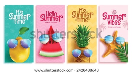 Summer time text vector poster set. It's summer time greeting with tropical fruits lemon, watermelon, pineapple and beach elements for holiday season flyers collection. Vector illustration summer time