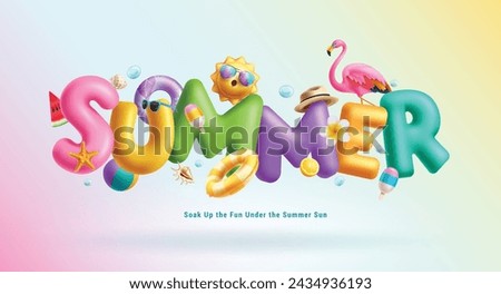 Summer 3d text vector design. Summer 3d typography with flamingo, floaters, inflatable and hat beach elements in hot sunny day outdoor seasonal concept. Vector illustration summer 3d text design. 

