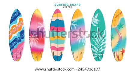 Summer surfboard elements vector set design. Summer surfing board in colorful printed pattern collection for tropical season water sport activity 3d realistic element. Vector illustration  summer 