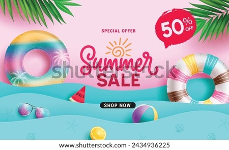 Summer sale text vector banner design. Summer special offer text with paper cut wave and beach elements for seasonal shopping sale advertisement. Vector illustration promo discount banner. 
