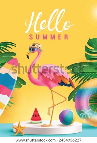 Summer hello greeting text vector poster. Hello summer text with cute pink flamingo in podium stage for product presentation design. Vector illustration summer greeting background.
