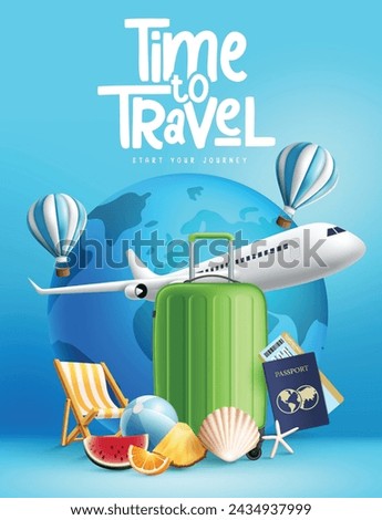 Travel time vector poster design. Time to travel text with airplane, bag luggage, passport and ticket for international and worldwide trip and vacation banner. Vector illustration travel time 