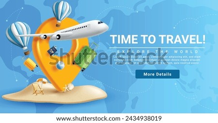 Travel time vector banner design. Summer time to travel text with location pin, airplane, air balloon and bag luggage elements for holiday beach booking website background. Vector illustration summer 