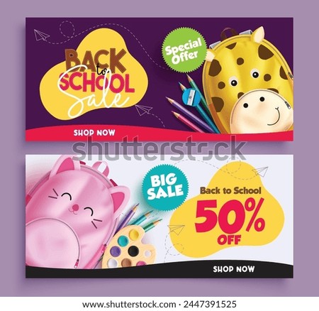 Back to school sale vector banner set. School promo 50% off discount clearance price with cute animal backpack and color pencil elements for shopping promotion flyers collection. Vector illustration 