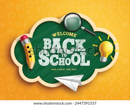 Back to school text vector template design. Welcome back to school greeting in green chalkboard space with pencil, magnifying glass, bulb and paper airplane elements in yellow pattern background. 