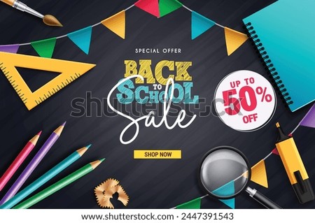 Back to school sale text vector banner. School promotion clearance discount offer sale with 50% off retail price for educational supplies and elements shopping. Vector illustration school promo 