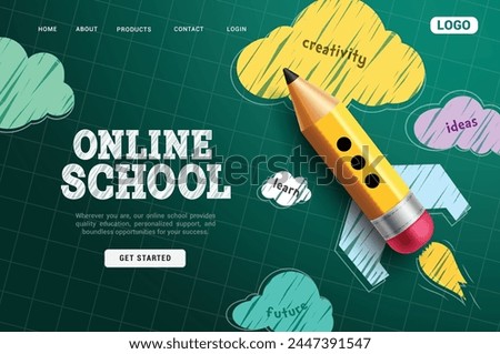 Online school vector template design. Back to school online tutorials and courses website home page for distance education and e learning application background. Vector illustration online school 